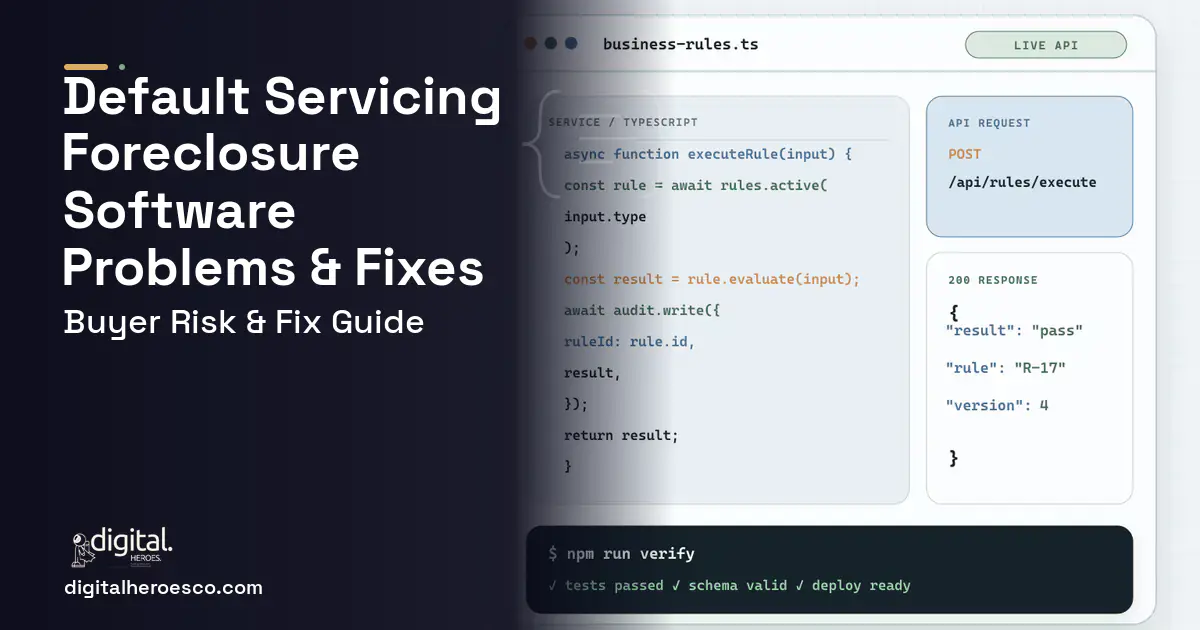 Default Servicing Foreclosure Software code editor and API illustration showing common problems and fixes.
