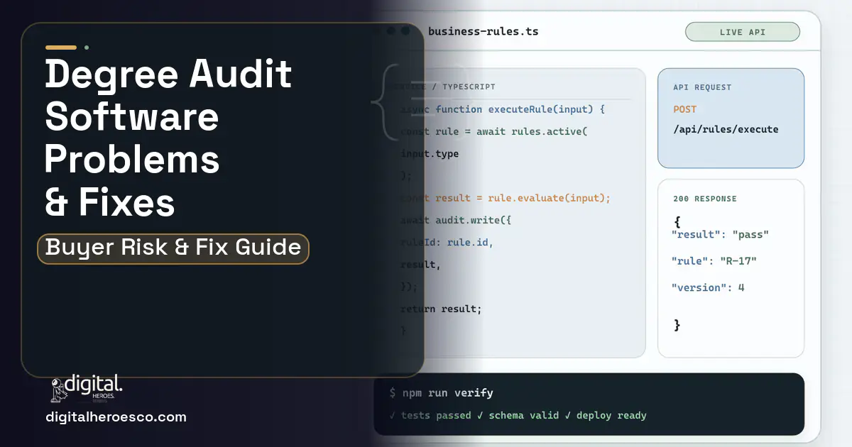 Degree Audit Software code editor and API illustration showing common problems and fixes.
