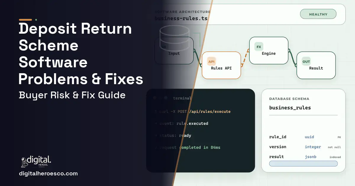 Deposit Return Scheme Software architecture and database illustration showing common problems and fixes.