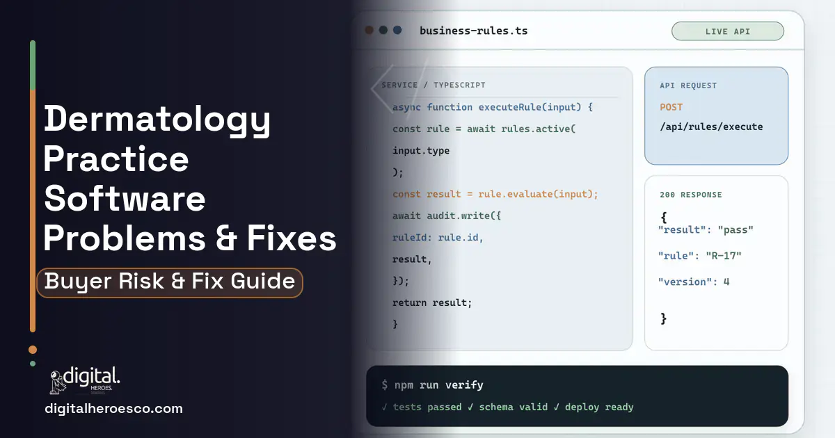 Dermatology Practice Software code editor and API illustration showing common problems and fixes.