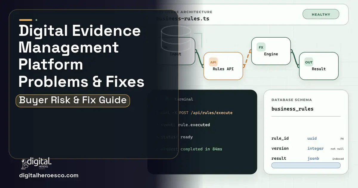 Digital Evidence Management Platform architecture and database illustration showing common problems and fixes.