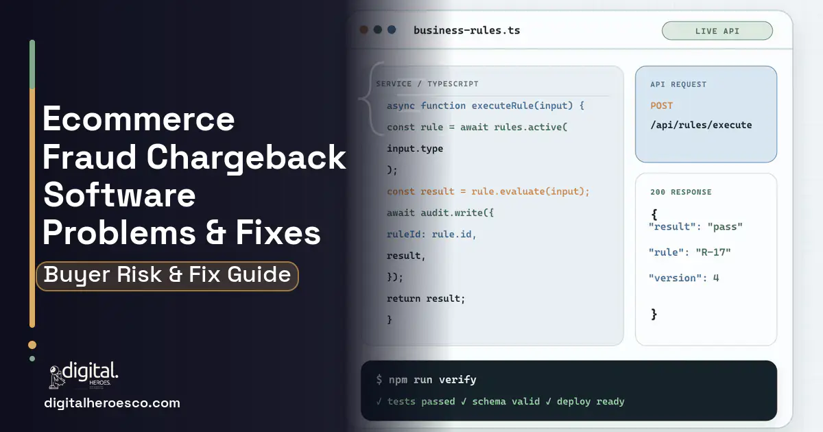 E-commerce Fraud Chargeback Software code editor and API illustration showing common problems and fixes.