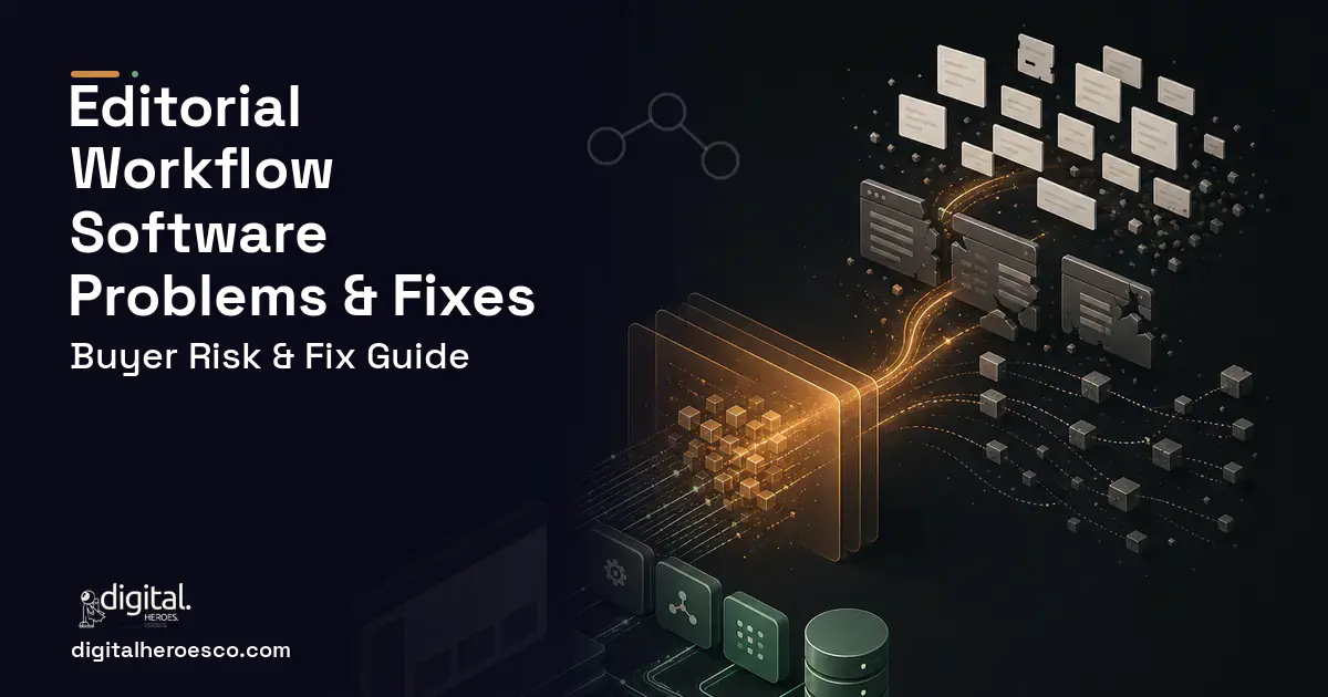 Editorial Workflow Software workflow illustration showing common problems and fixes.