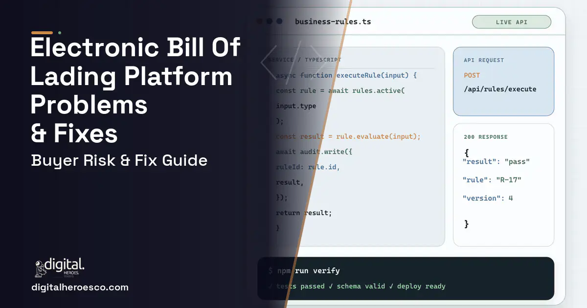 Electronic Bill OF Lading Platform code editor and API illustration showing common problems and fixes.