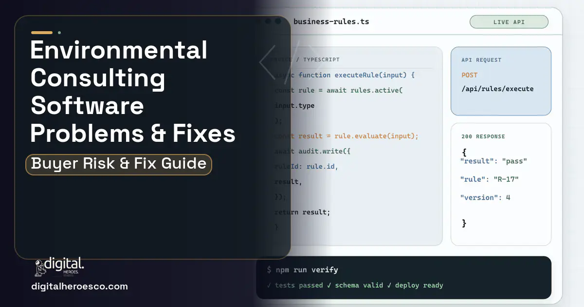 Environmental Consulting Software code editor and API illustration showing common problems and fixes.