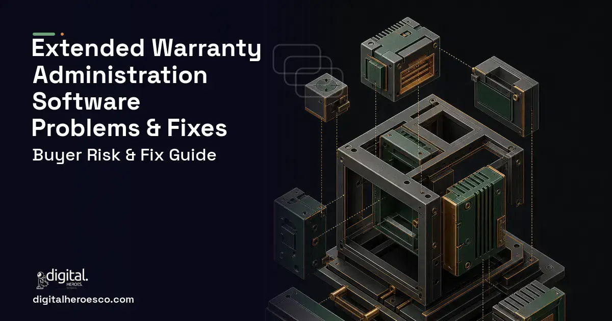 Extended Warranty Administration Software software overview illustration showing common problems and fixes.