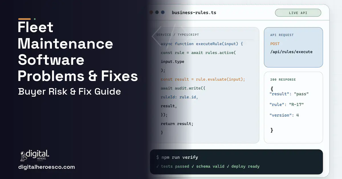 Fleet Maintenance Software code editor and API illustration showing common problems and fixes.
