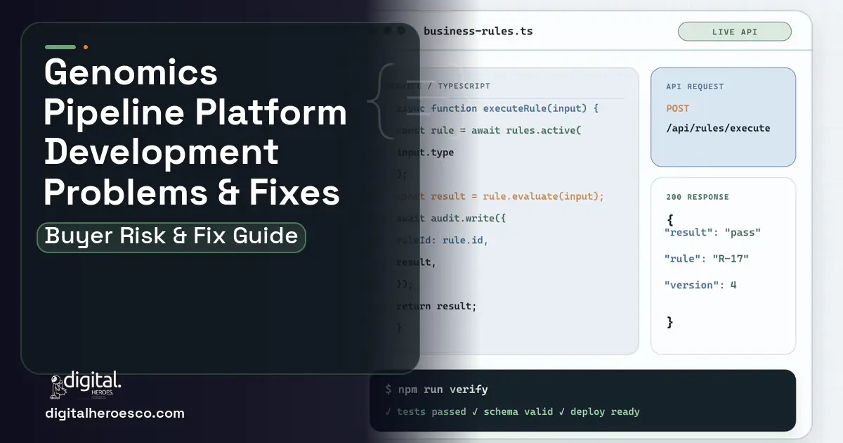 Genomics Pipeline Platform Development code editor and API illustration showing common problems and fixes.