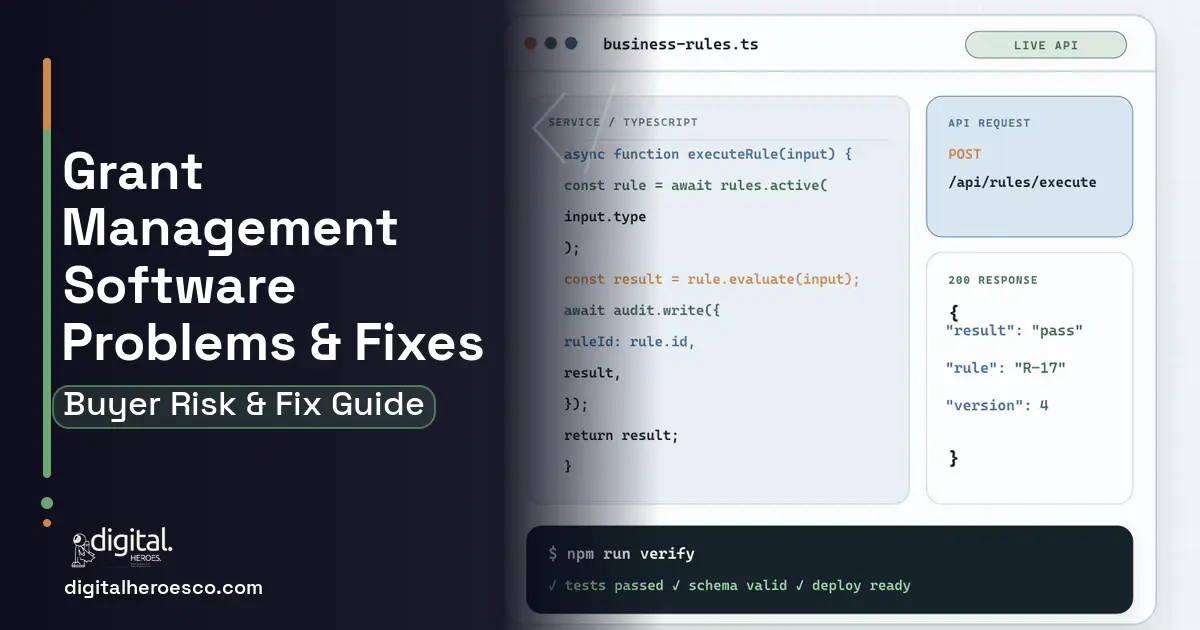 Grant Management Software code editor and API illustration showing common problems and fixes.