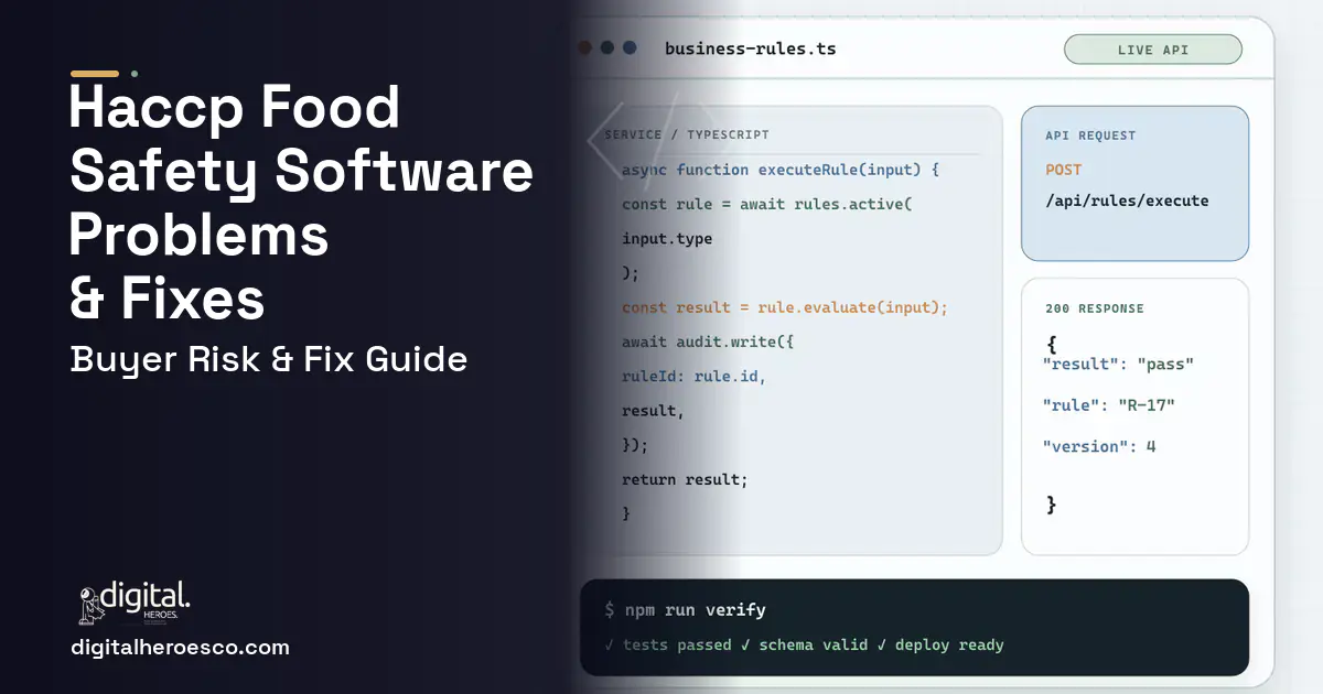 Haccp Food Safety Software code editor and API illustration showing common problems and fixes.