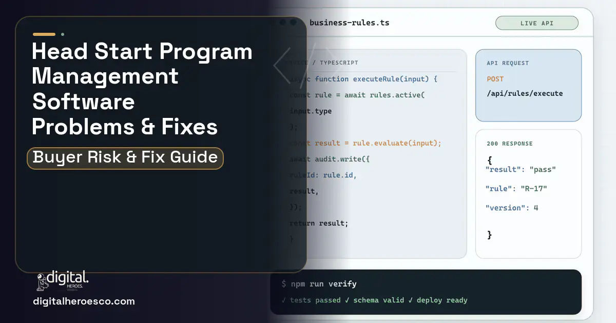 Head Start Program Management Software code editor and API illustration showing common problems and fixes.