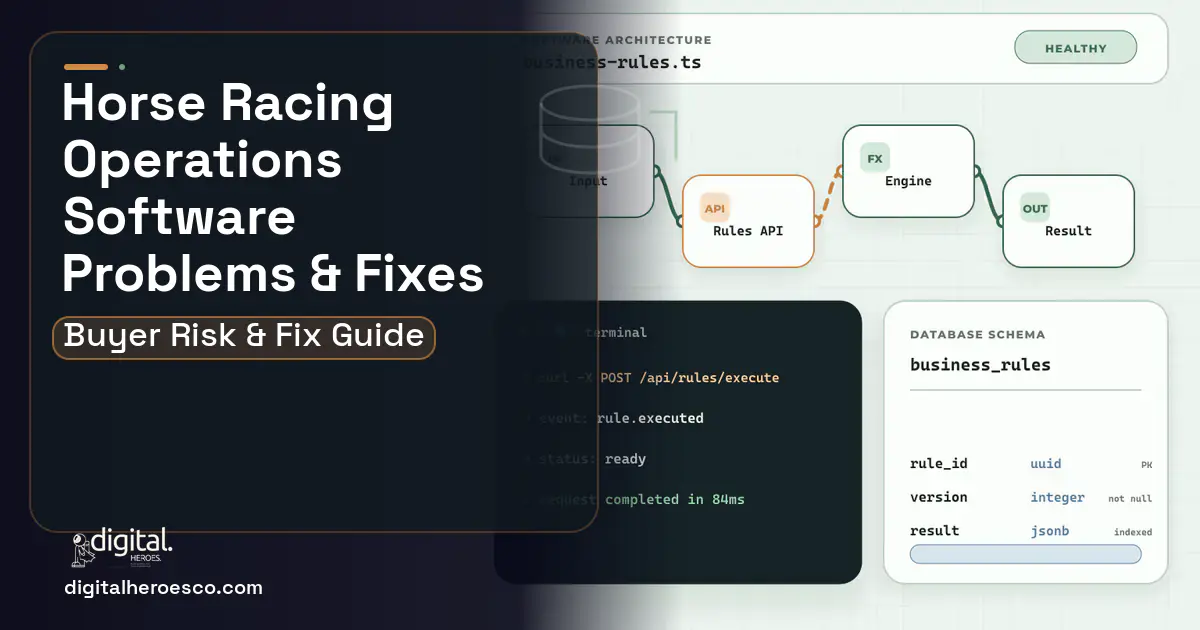 Horse Racing Operations Software architecture and database illustration showing common problems and fixes.