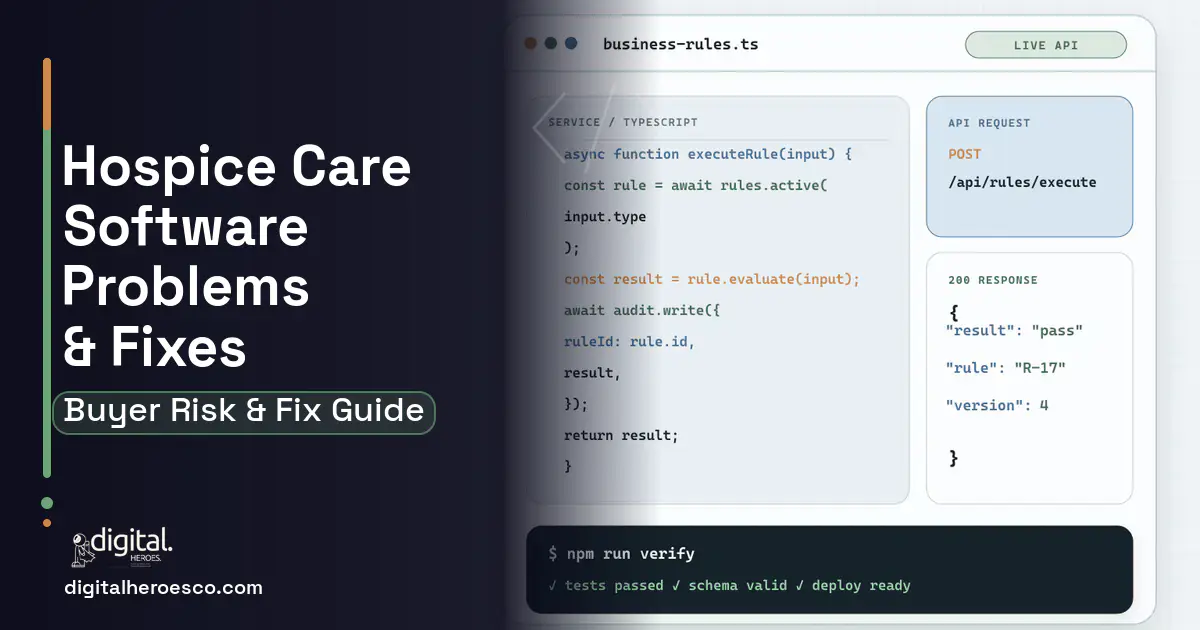 Hospice Care Software code editor and API illustration showing common problems and fixes.