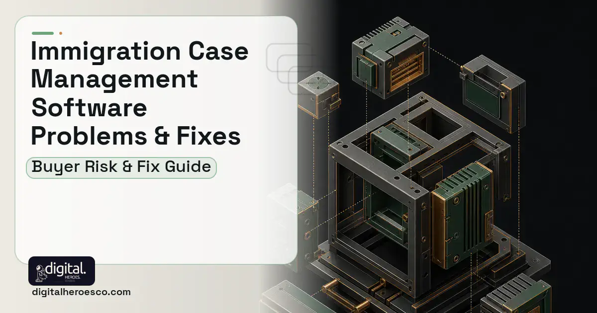 Immigration Case Management Software software overview illustration showing common problems and fixes.