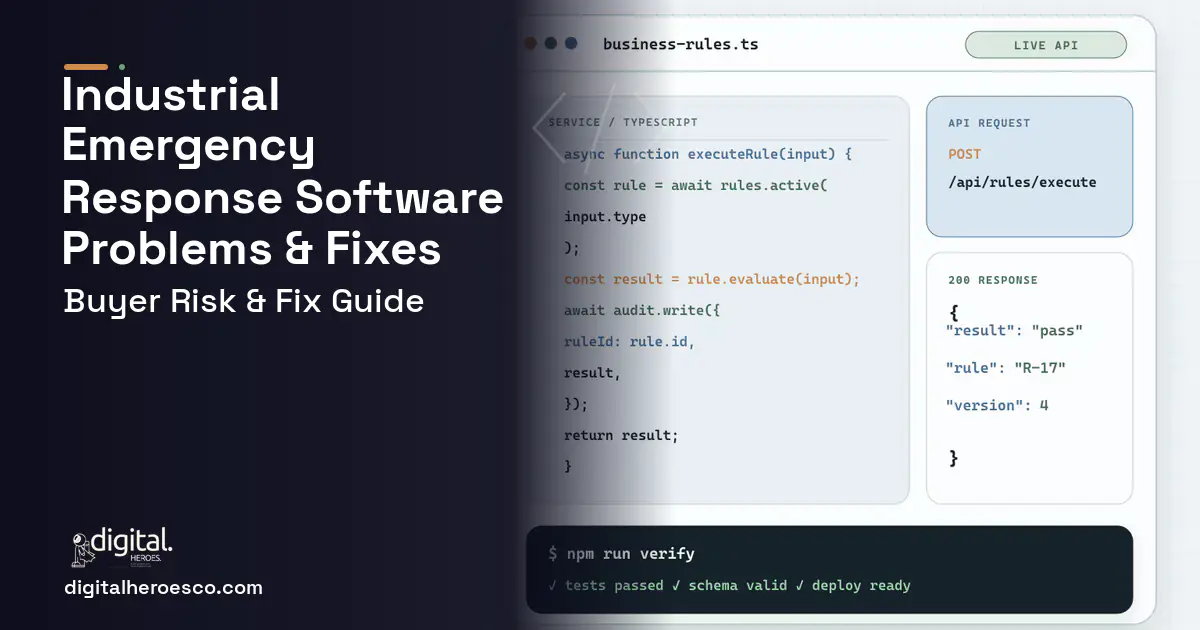 Industrial Emergency Response Software code editor and API illustration showing common problems and fixes.