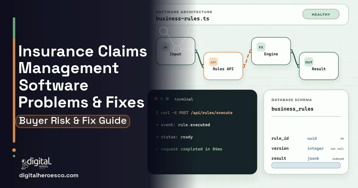 Insurance Claims Management Software architecture and database illustration showing common problems and fixes.