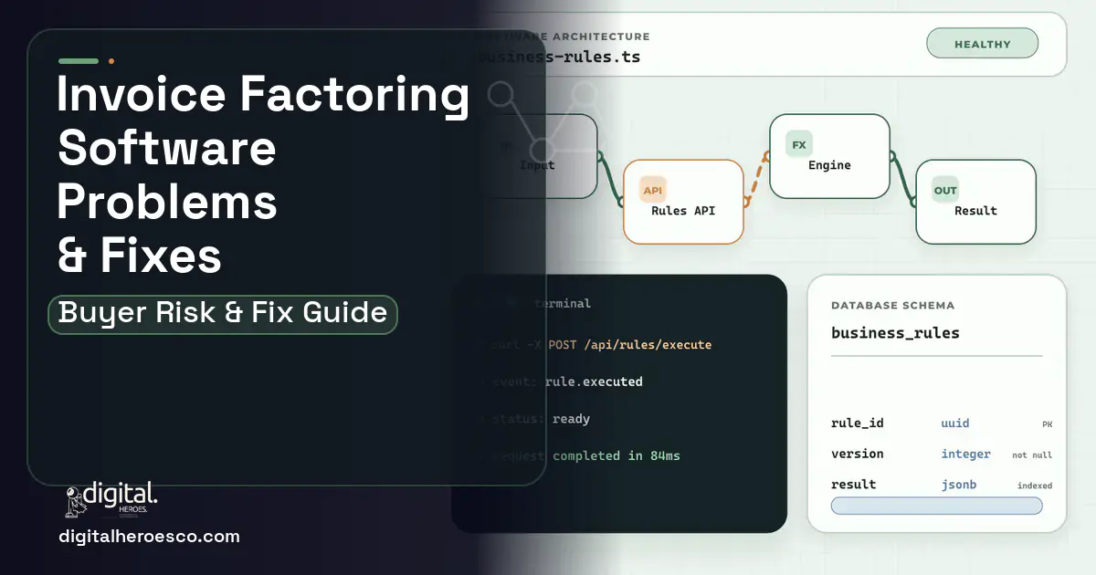 Invoice Factoring Software architecture and database illustration showing common problems and fixes.