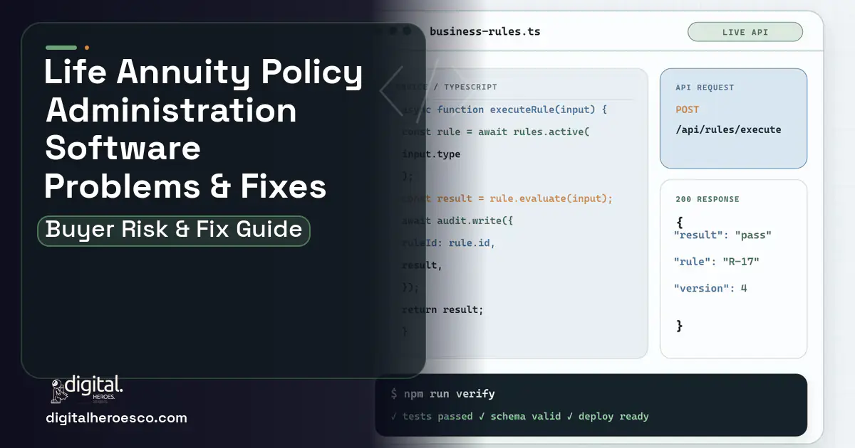 Life Annuity Policy Administration Software code editor and API illustration showing common problems and fixes.