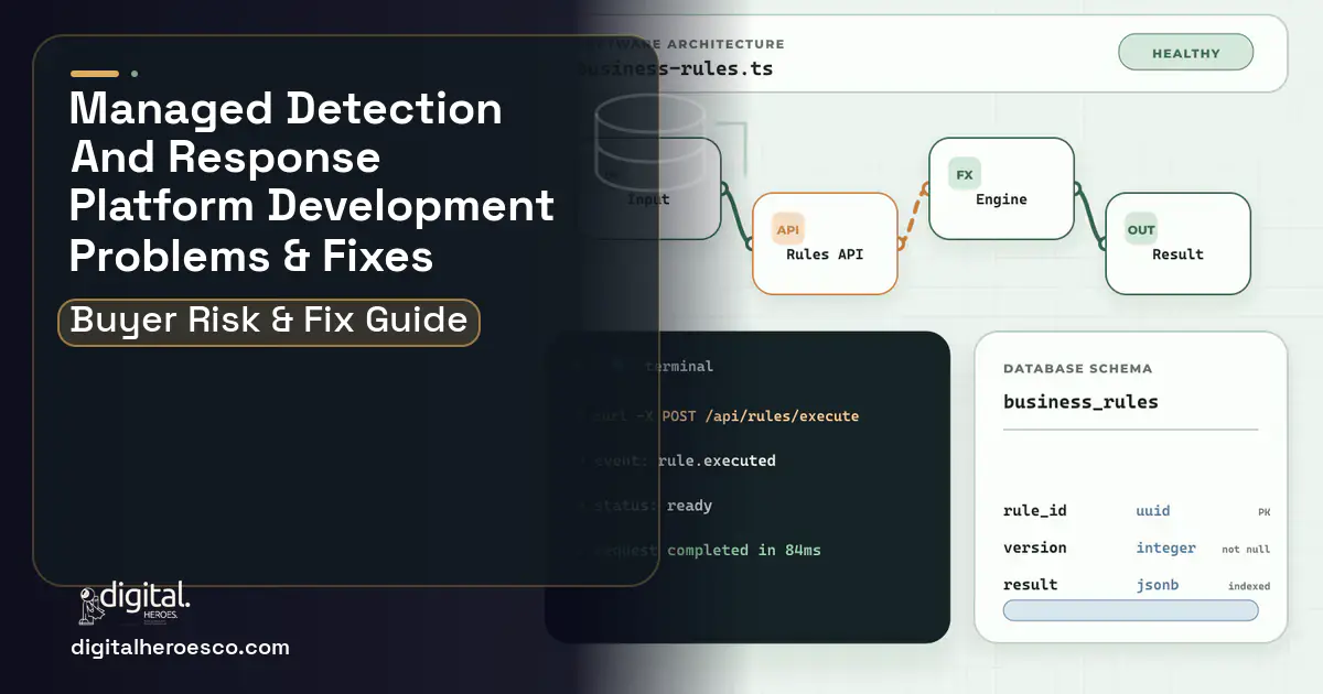 Managed Detection AND Response Platform architecture and database illustration showing common problems and fixes.
