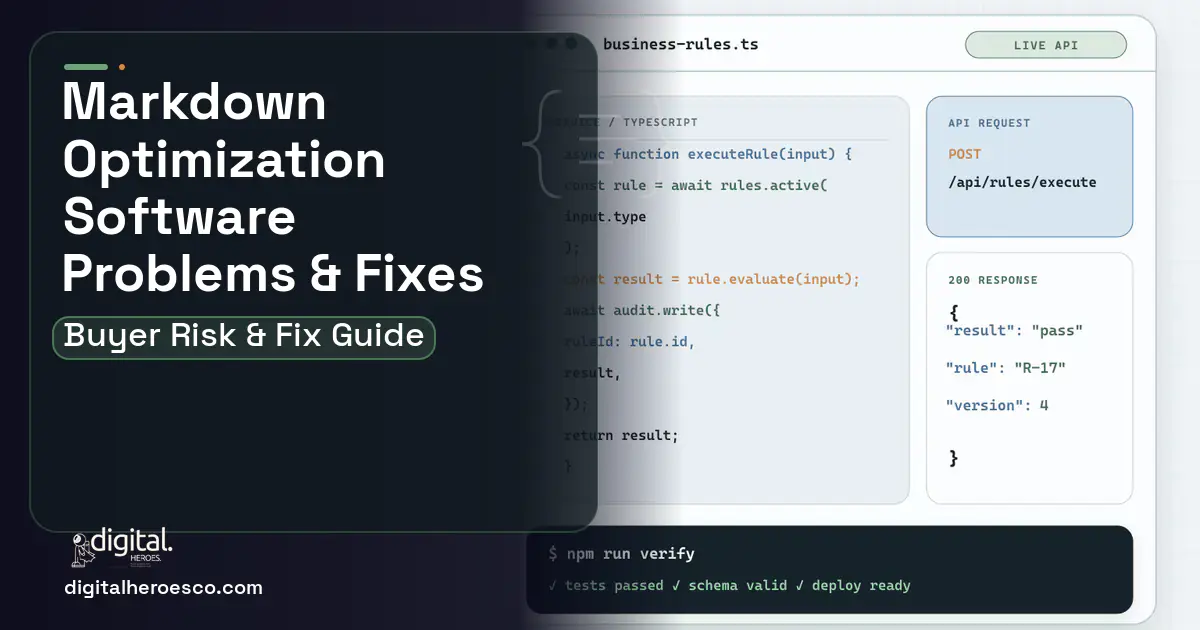 Markdown Optimization Software code editor and API illustration showing common problems and fixes.