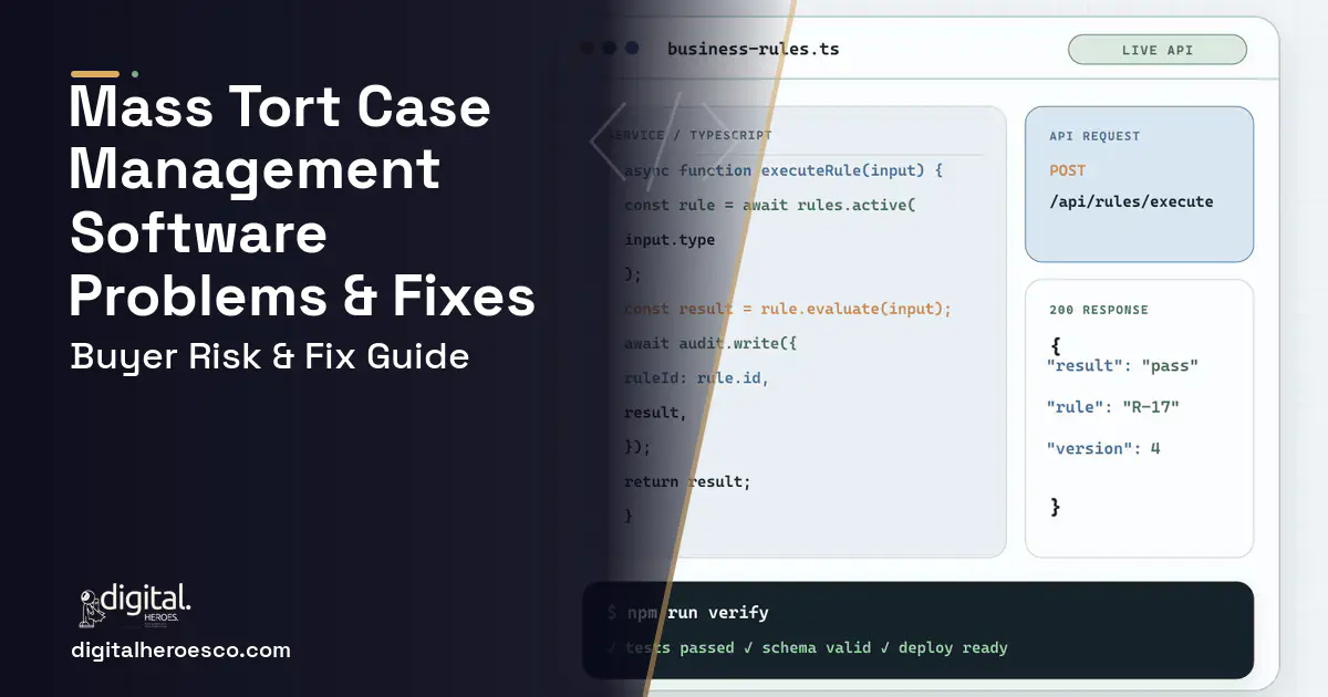 Mass Tort Case Management Software code editor and API illustration showing common problems and fixes.