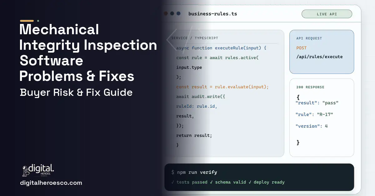 Mechanical Integrity Inspection Software code editor and API illustration showing common problems and fixes.