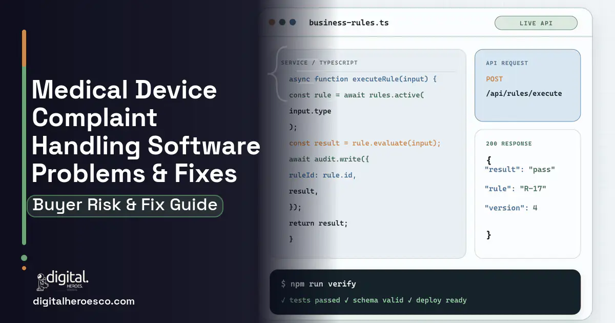 Medical Device Complaint Handling Software code editor and API illustration showing common problems and fixes.