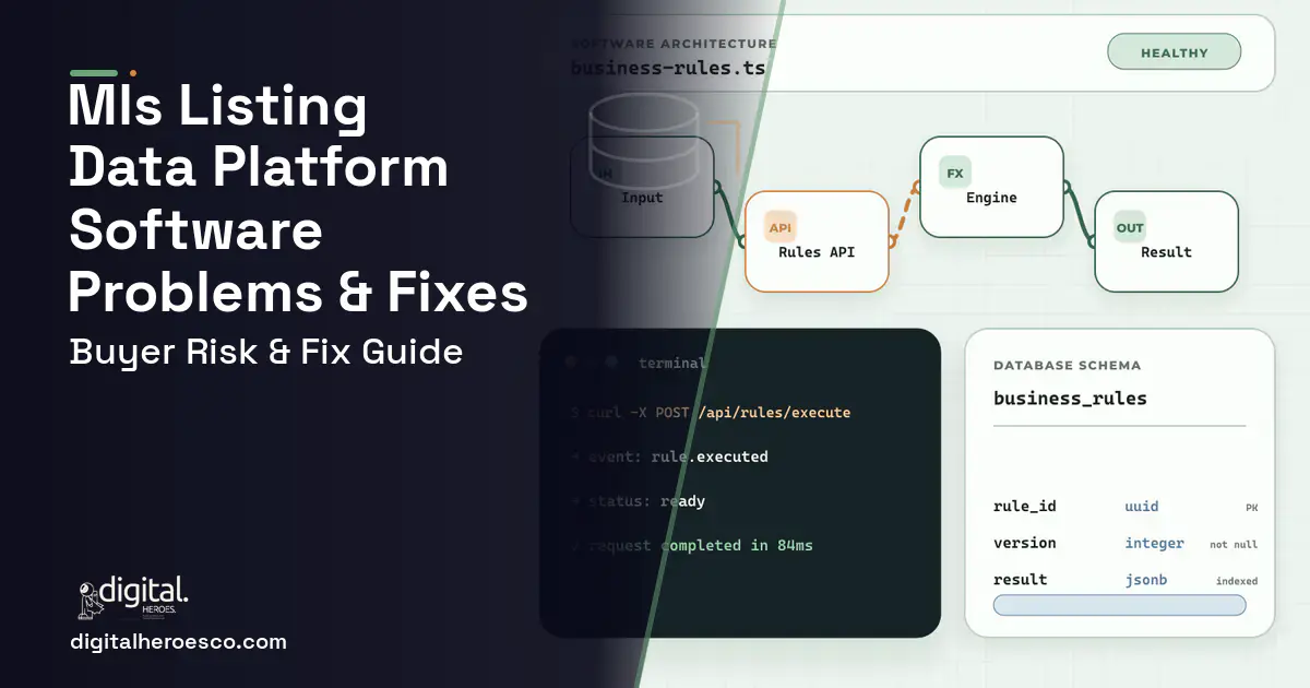 MLS Listing Data Platform Software architecture and database illustration showing common problems and fixes.