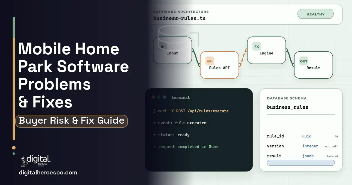 Mobile Home Park Software architecture and database illustration showing common problems and fixes.