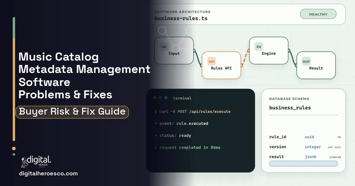 Music Catalog Metadata Management Software architecture and database illustration showing common problems and fixes.