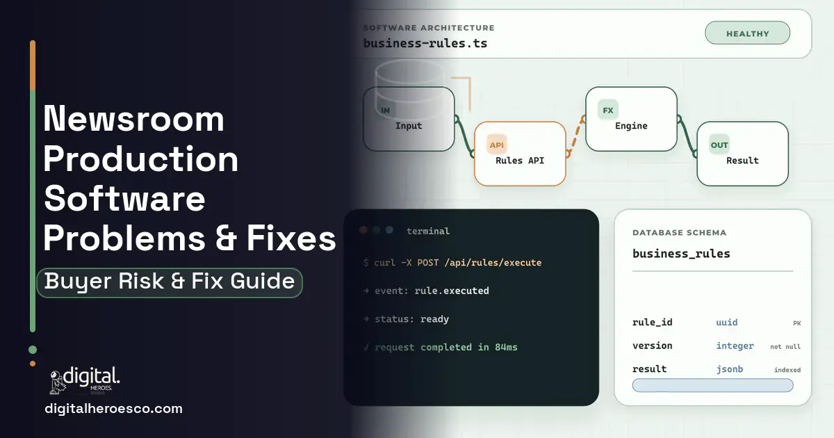 Newsroom Production Software architecture and database illustration showing common problems and fixes.