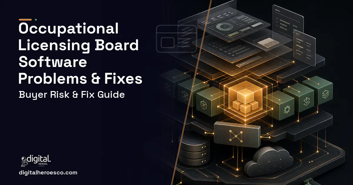 Occupational Licensing Board Software product interface illustration showing common problems and fixes.