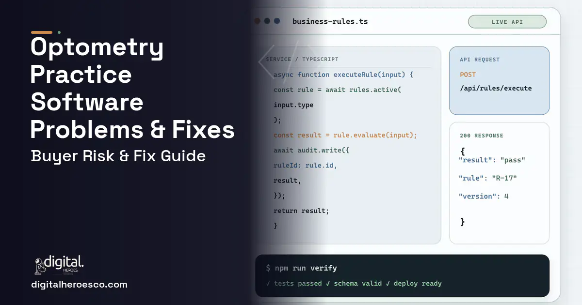 Optometry Practice Software code editor and API illustration showing common problems and fixes.