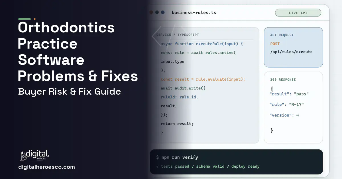 Orthodontics Practice Software code editor and API illustration showing common problems and fixes.