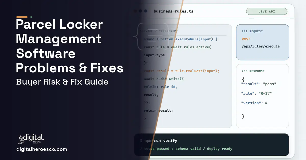 Parcel Locker Management Software code editor and API illustration showing common problems and fixes.