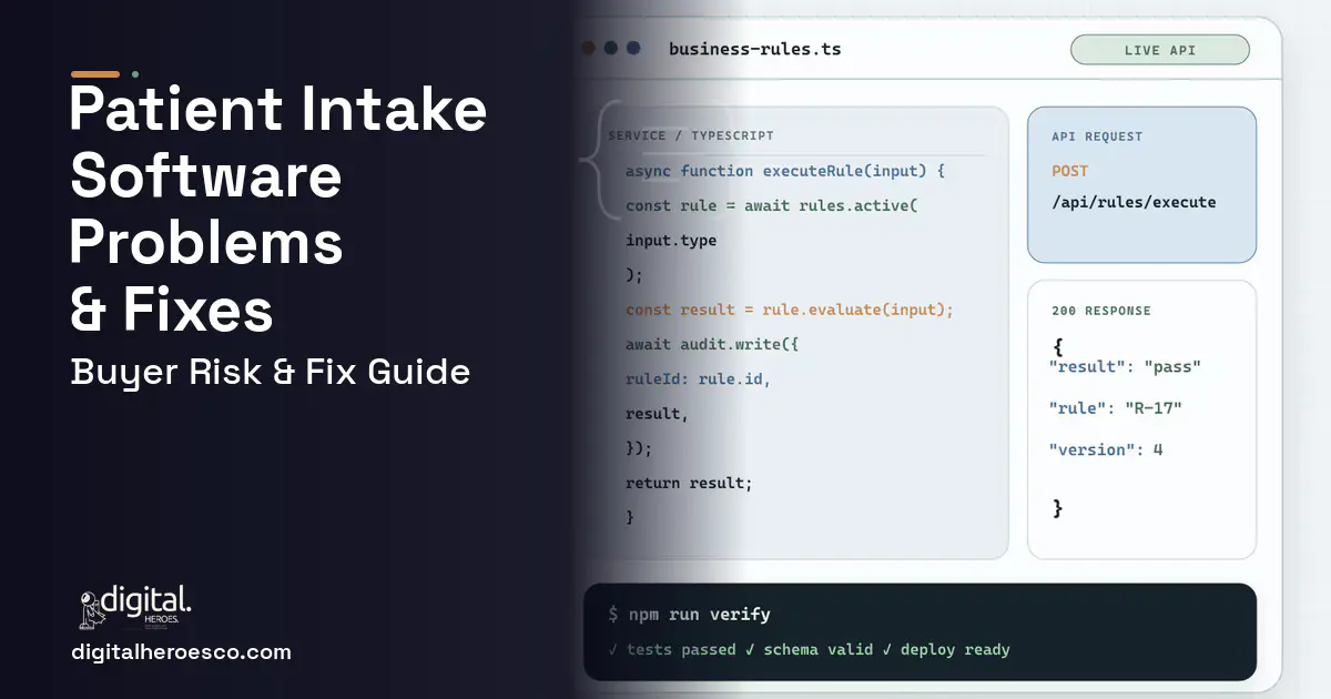 Patient Intake Software code editor and API illustration showing common problems and fixes.