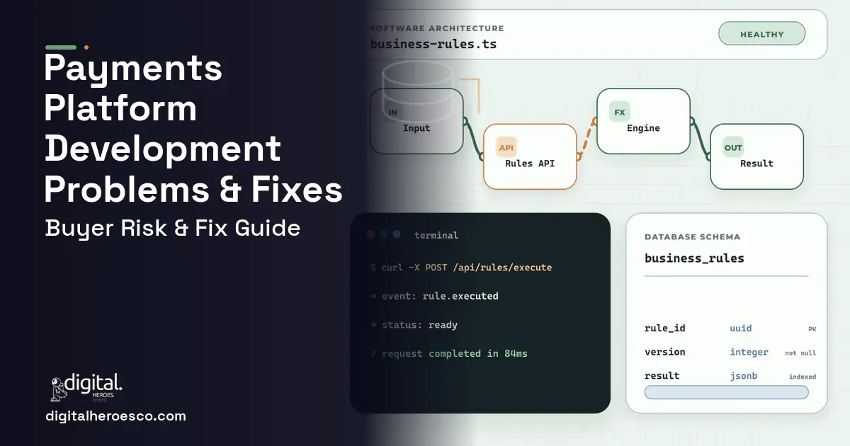 Payments Platform Development architecture and database illustration showing common problems and fixes.