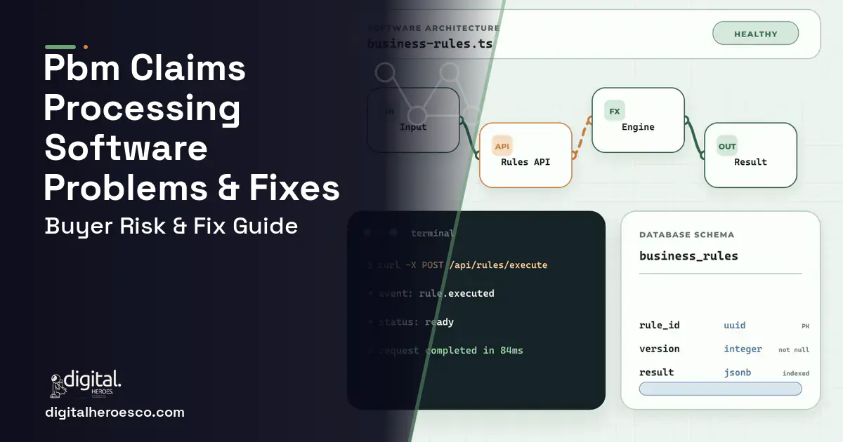 PBM Claims Processing Software architecture and database illustration showing common problems and fixes.