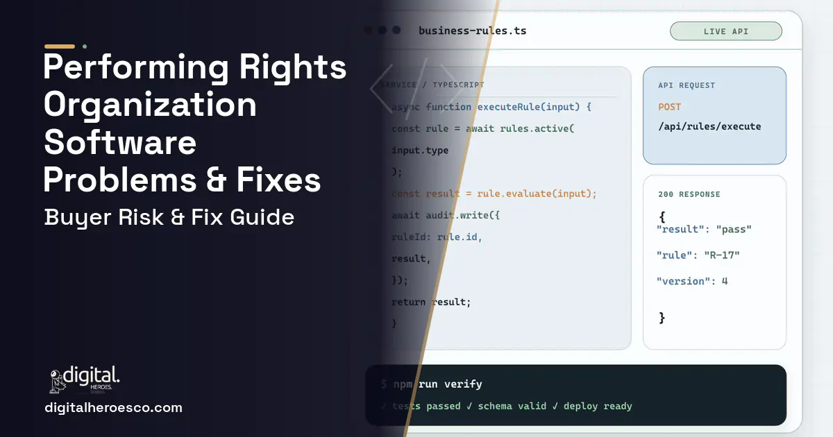 Performing Rights Organization Software code editor and API illustration showing common problems and fixes.