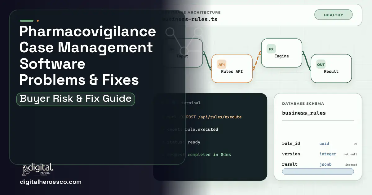 Pharmacovigilance Case Management Software architecture and database illustration showing common problems and fixes.
