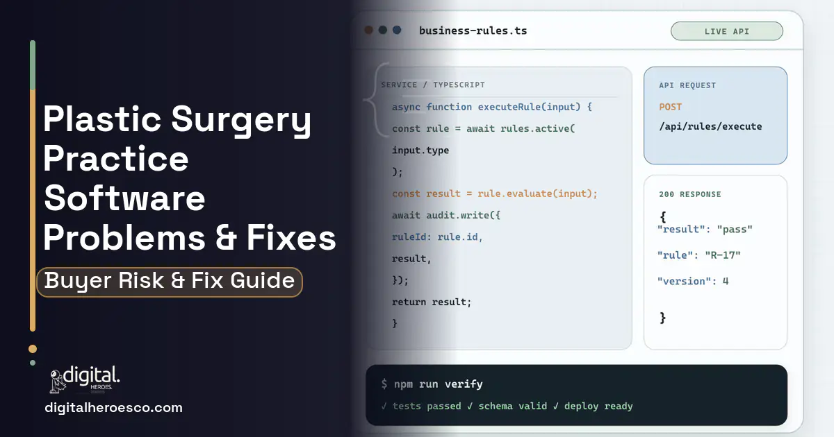 Plastic Surgery Practice Software code editor and API illustration showing common problems and fixes.