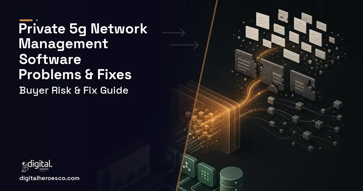 Private 5G Network Management Software workflow illustration showing common problems and fixes.