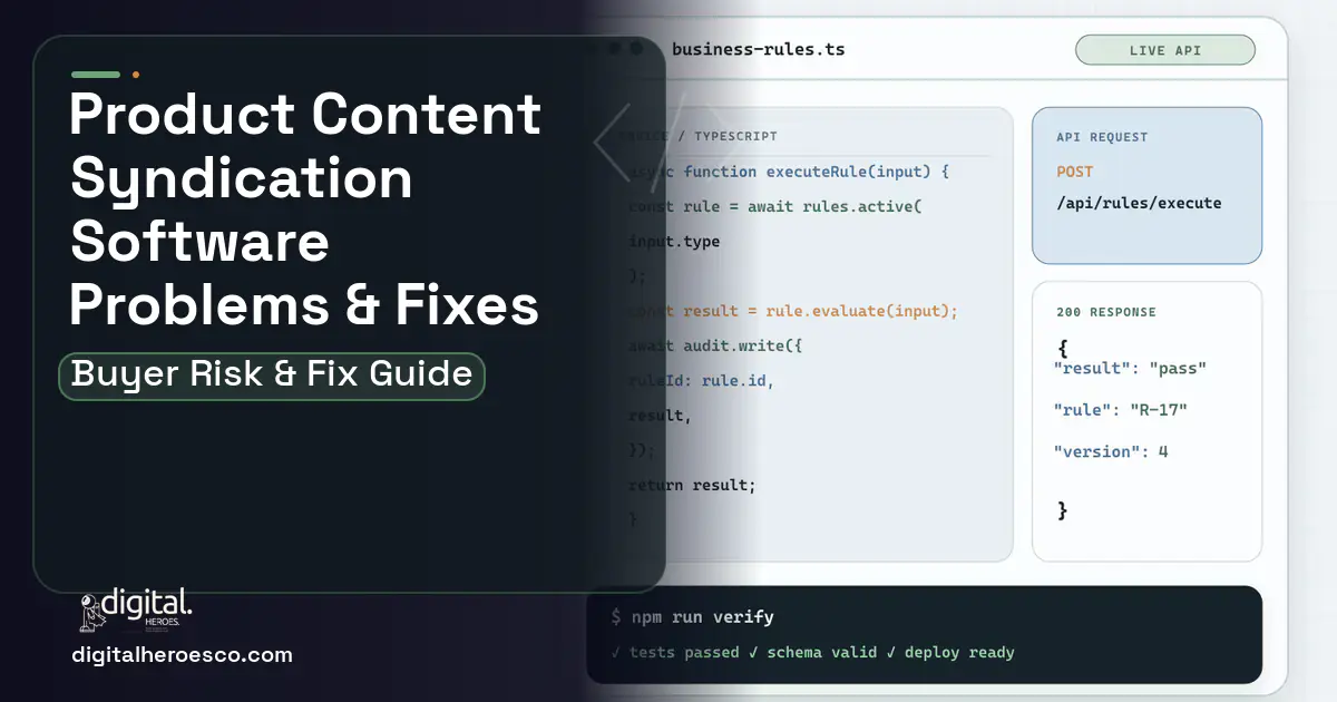 Product Content Syndication Software code editor and API illustration showing common problems and fixes.