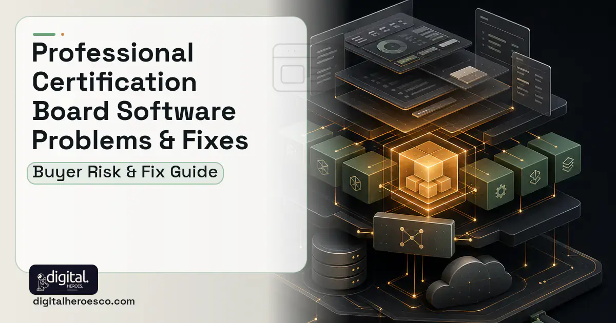 Professional Certification Board Software product interface illustration showing common problems and fixes.