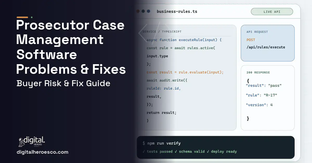 Prosecutor Case Management Software code editor and API illustration showing common problems and fixes.