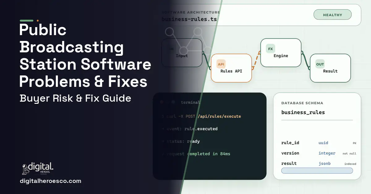 Public Broadcasting Station Software architecture and database illustration showing common problems and fixes.
