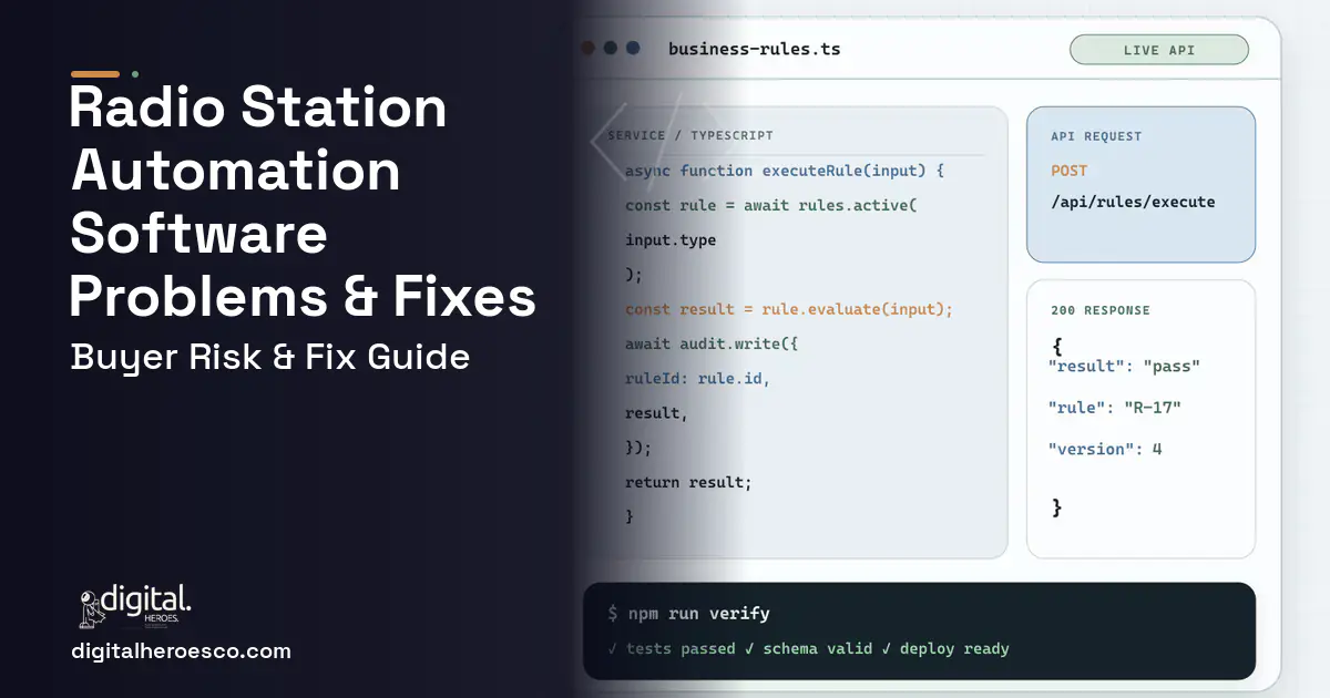 Radio Station Automation Software code editor and API illustration showing common problems and fixes.