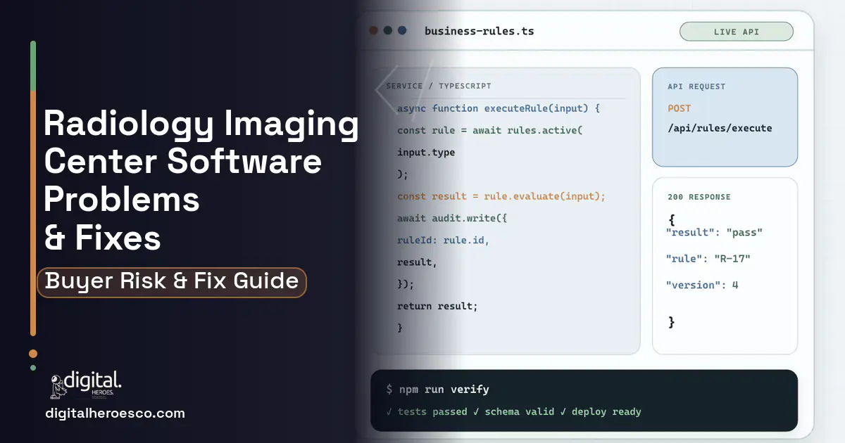 Radiology Imaging Center Software code editor and API illustration showing common problems and fixes.