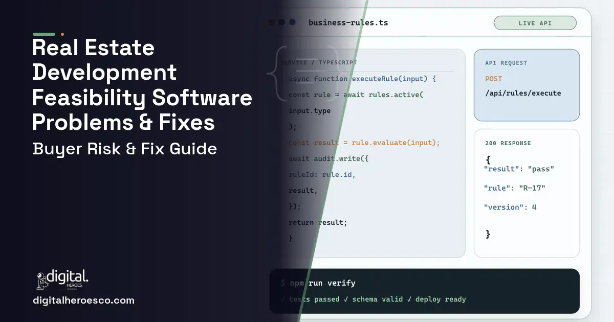 Real Estate Development Feasibility Software code editor and API illustration showing common problems and fixes.