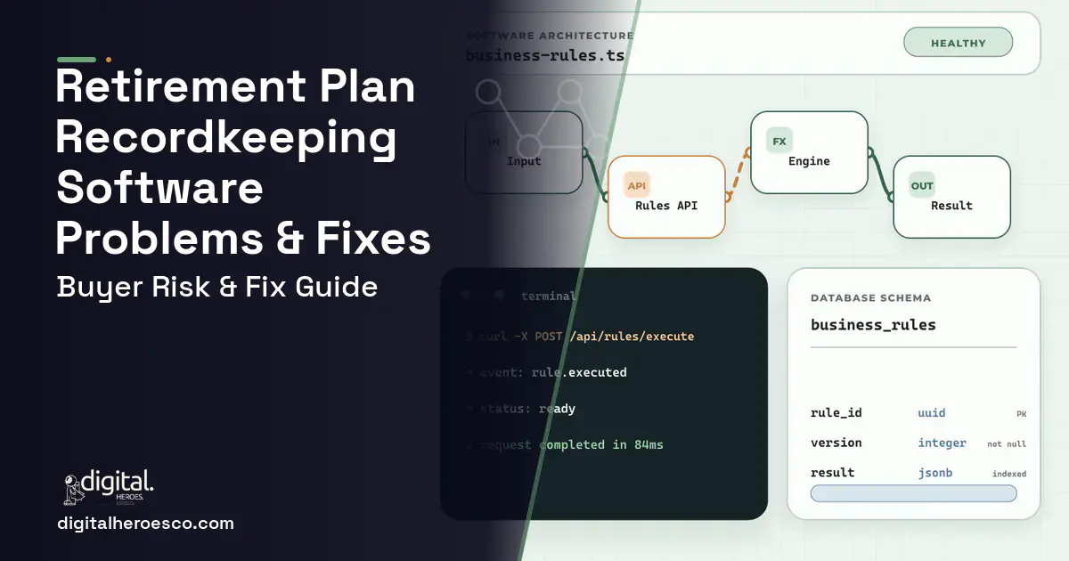 Retirement Plan Recordkeeping Software architecture and database illustration showing common problems and fixes.